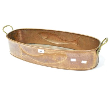 A copper Arts and Crafts trough, of oval form with a fish design to the exterior and brass handles to either side, width 67cm