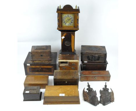 A collection of early 20th century and later wooden boxes and other woodware, to include a tea caddy, a miniature chest of dr