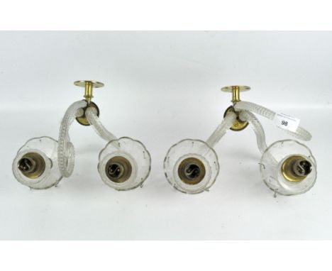 A pair of vintage twin armed glass wall sconces, height circa 23cm
