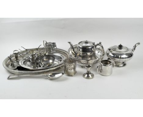 A selection of silver plated wares, to include a basting spoon, teapot and galleried tray of oval form