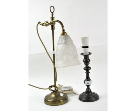 A French brass table lamp and a pewter candlestick lamp stand, the first with moulded frosted glass shade, height 47.5cm, the