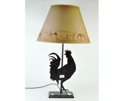 A novelty contemporary lamp, the stand modelled with a cockerel silhouette and supporting a shade decorated with a scene of a