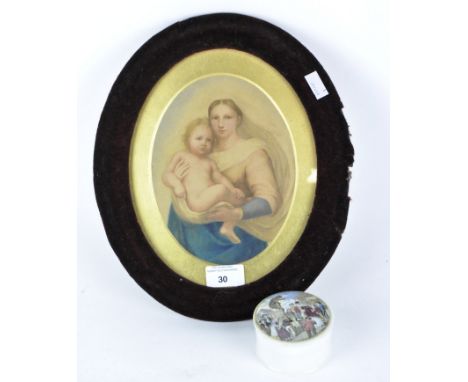 A small 19th century circular pot and a print of Madonna and Child, the lidded pot is decorated with a scene of bear baiting,