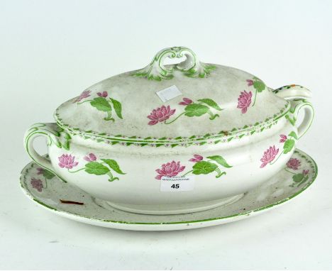 A Booths lidded tureen with ladle and a serving plate, all decorated with a green and pink floral pattern on a white ground, 