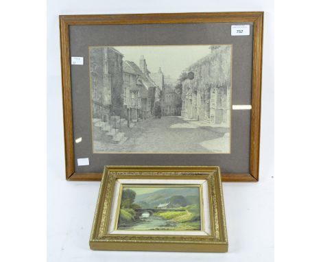 A 20th century oil on board landscape and a pencil sketch, the oil on board depicting a country cottage perched beside a ston