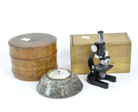 An assortment of collectables, comprising of a small Exco microscope, in the original box, an unusual treen lidded box, possi