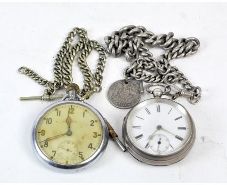 Two antique pocket watches, one with a white enamel dial with Roman numerals and subsidiary seconds dial, the case hallmarked