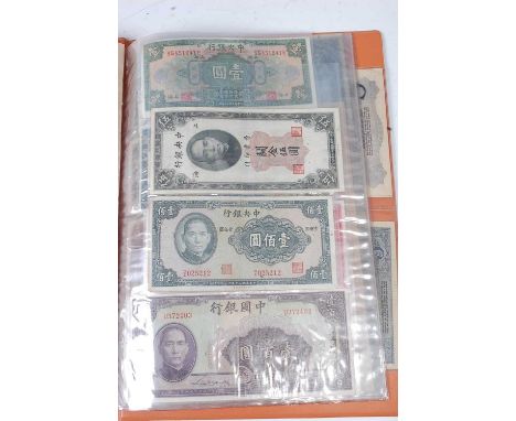 A large collection of World banknotes to include Central Bank of China 1941 100 Yuan, The Central Bank of China 1930 5 Custom