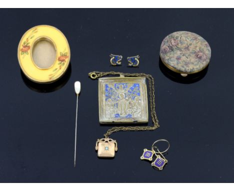 Collection of costume jewellery, silver gilt enamel flower drop earrings, gilt metal and turquoise Edwardian pendant and fanc