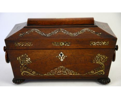 Early 19th century rosewood and mother of pearl inlaid two canister tea caddy with moulded glass mixing bowl.    