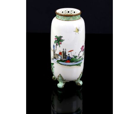 Royal Worcester vase of cylinder form (shape G42) with reticulated top on four scroll feet,  printed and coloured with Chines