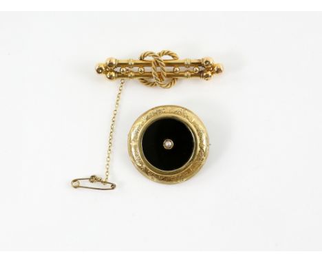 Mixed group of items, onyx and pearl brooch, in ornate setting testing as 18 ct, wire work bar brooch testing as 15 ct, flora