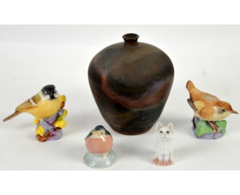 An iridescent matt glazed studio pottery vase, a Royal Copenhagen model of a Robin (2238), a Bing &amp; Grondahl model of a s