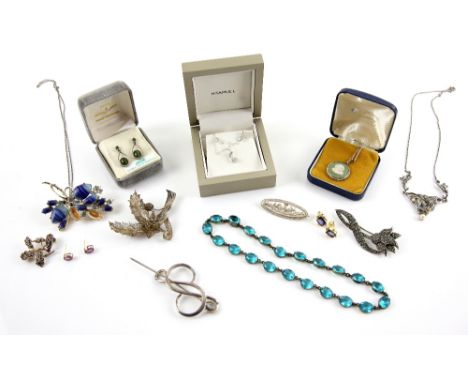 Costume jewellery, including Victorian blue paste necklace, Wedgwood jasperware pendant, jade drop earrings, Portuguese filig