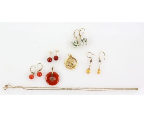 Orange nephrite pendant, matching studs mounted in 14 ct, similar drop earrings, another pair set with citrine and pearl, squ