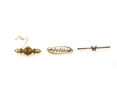 Three bar brooches, sapphire and seed pearl brooch in 'Lotus' motif, stamped 15 ct, measures 4 x 1.2cm, with pin and catch fi