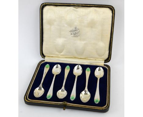 Cased set of silver Art Deco enamel spoons, Sheffield 1927 .    