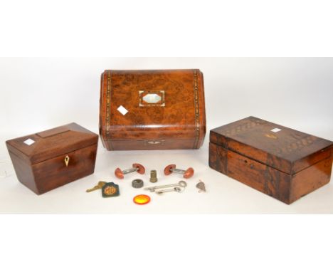 Victorian walnut jewellery box, mahogany tea caddy and another box.    