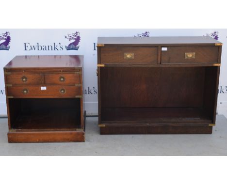 Oak tea trolley, turned beech pedestal and two brass mounted open shelf units with drawers,.    