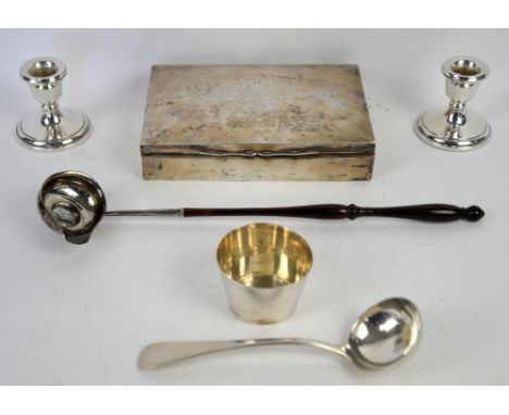 Georgian silver punch ladle, sauce ladle, low beaker, cigarette case and a pair of dwarf candlesticks,.    