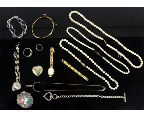 Group of costume jewellery, including rolled gold bangle, silver bracelet and rings, pearl necklace, enamel coin pendant, lad