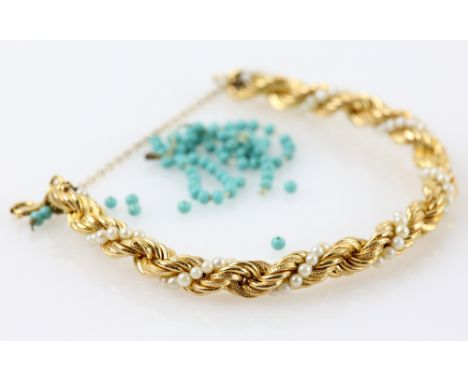 Gold twist link bracelet with pearl and turquoise beaded strands, bolt ring clasp and safety chain, measuring 17cm in length.