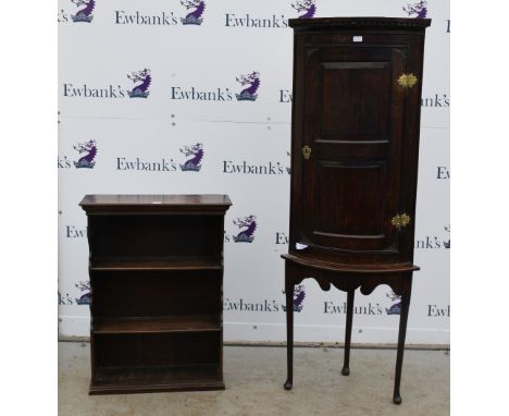 Oak corner cabinet on stand and oak shelf .    