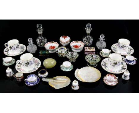 Six Spode miniature cups and saucers, Herend heart-shaped covered dish n6005 and two Herend footed dishes, Limoges trinket bo