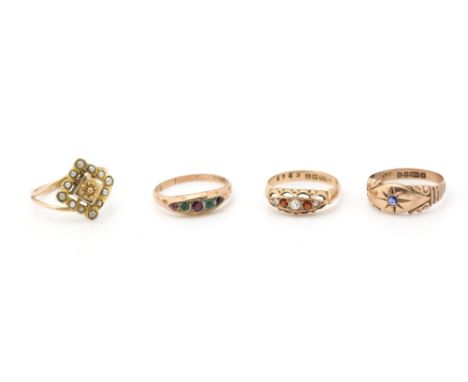 Four Victorian gem set rings, one set with seed pearls and wirework, another with single sapphire, a marquise form ring with 