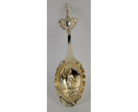 Caddy spoon with hunting scene and squirrel finial .    