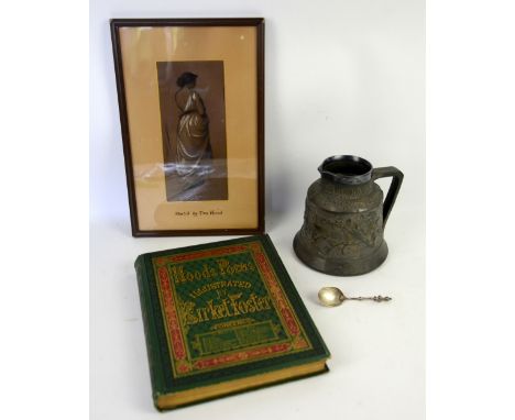 Silver mounted Edmonton Bell Jug, Turks Head silver spoon, Sketch of a classical girl by Tom Hood and Hoods Poems illus, Birk