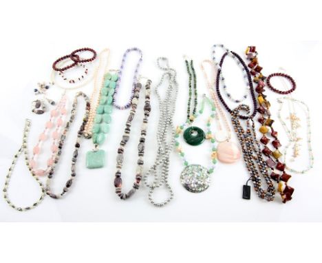 Quantity of freshwater pearl, and  hardstone bead necklaces,  with two pairs of drop earrings, mother of pearl, quartz and sh