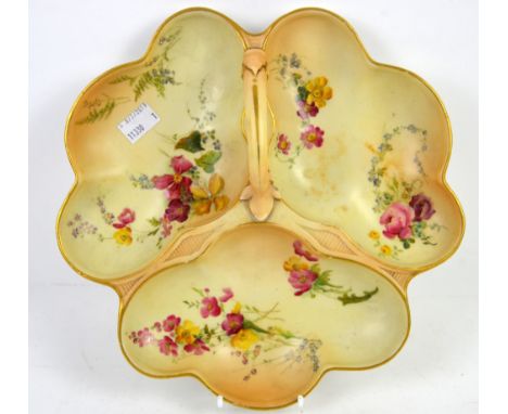 Royal Worcester triple hors d'oeuvres dish, with a single handle painted with flower spray on a blush ivory ground, printed m