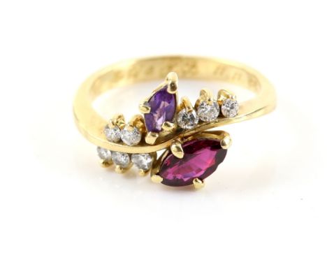 Contemporary ruby and amethyst and diamond dress ring, marquise cut ruby, estimated weight 0.50 carats, mounted in 18 ct yell