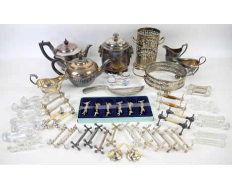 Collection of approximately 20 sets of knife rests including a hallmarked silver set with ivory horns dated 1907, an art nouv