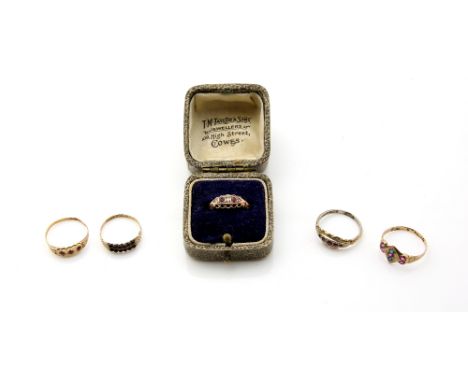 Five antique gem set rings, marquise form ruby and diamond, cased and four others, all 9 ct gold , ring sizes N-P .    6.6 gr