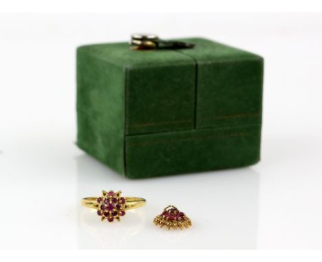 Vintage ruby cluster ring, London hallmarks, 18 ct, and a matching pendant unmarked  .    Gross weight 4 grams 