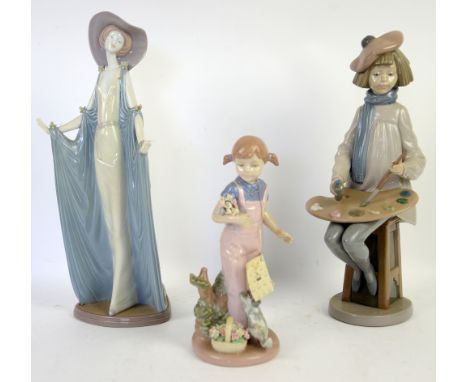 Lladro figure of a woman in a hat, Nao figure of an artist and Nadal figure of a girl .    