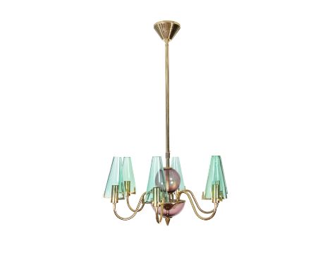 F. FABBIAN A 1960S CEILING LIGHT 'MODEL C03A0943', by F. Fabbian, Italy, brass with coloured glass shades and detailing. 91 x
