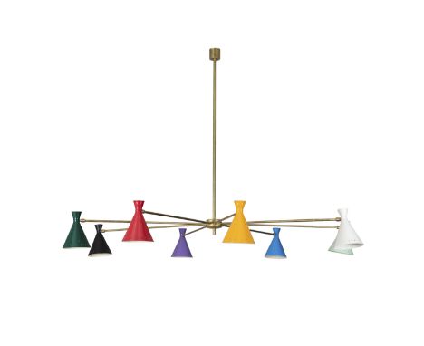CEILING LIGHT AN EIGHT ARM BRASS AND ENAMEL CEILING LIGHT, Italy c.1960. 92 x 142 x 142cm