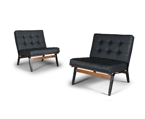ICO PARISI A PAIR OF 'MODEL 856' BLACK LEATHER UPHOLSTERED LOUNGE CHAIRS, by Ico Parisi for Cassina, with metal and timber fr