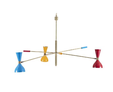 CEILING LIGHT A THREE ARM BRASS AND ENAMEL CEILING LIGHT, Italy. 87 x 133 x 133cm