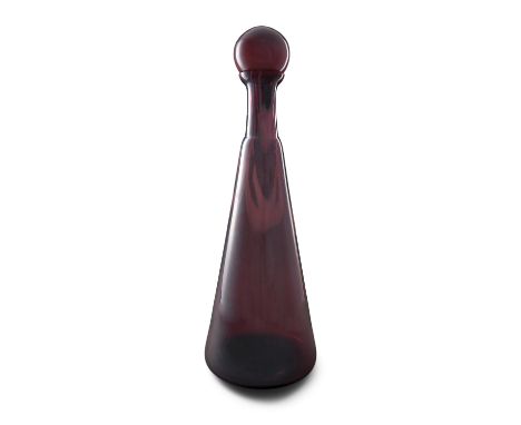GLASS A VINTAGE PURPLE GLASS BOTTLE, with stopper, Italy. 42.5cm high