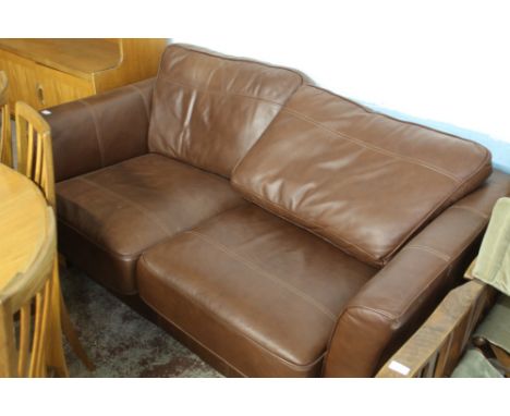 BROWN LEATHER EFFECT TWO SEATER SOFA