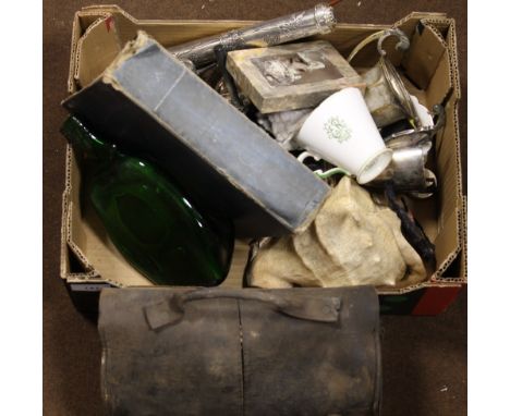 A TRAY OF MIXED COLLECTABLES TO INC TABLE LIGHTER, TROPHIES ETC