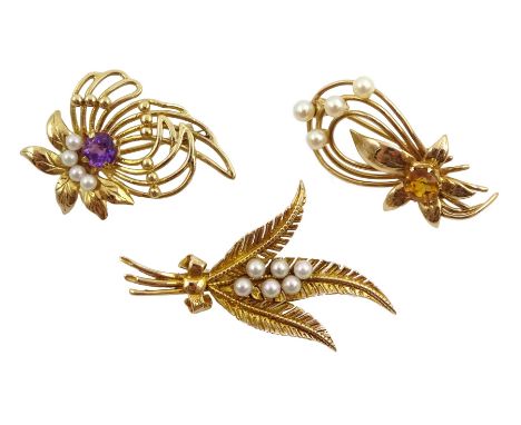  Two gold flower pearl and stone set brooches and a gold pearl brooch, all hallmarked 9ct   - Condition Report 