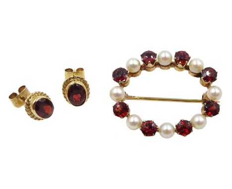 Gold garnet and pearl brooch and pair of garnet stud earrings, both hallmarked 9ct   - Condition Report 