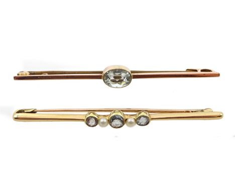  Gold blue topaz and pearl brooch stamped 15ct and gold oval topaz brooch, stamped 9ct    - Condition Report 