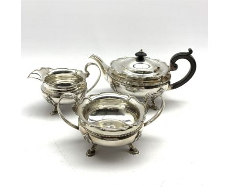  Three piece silver tea service on four hoof feet by Gorham Manufacturing Co, Birmingham 1919, approx 42oz gross   - Conditio