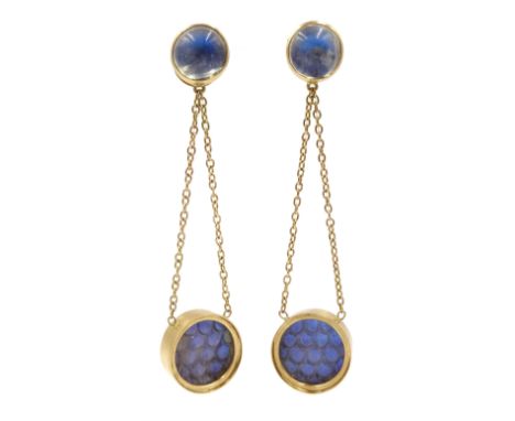  Pair of 18ct gold rainbow moonstone pendant earrings, cabochon and carved scale design, hallmarked    - Condition Report 